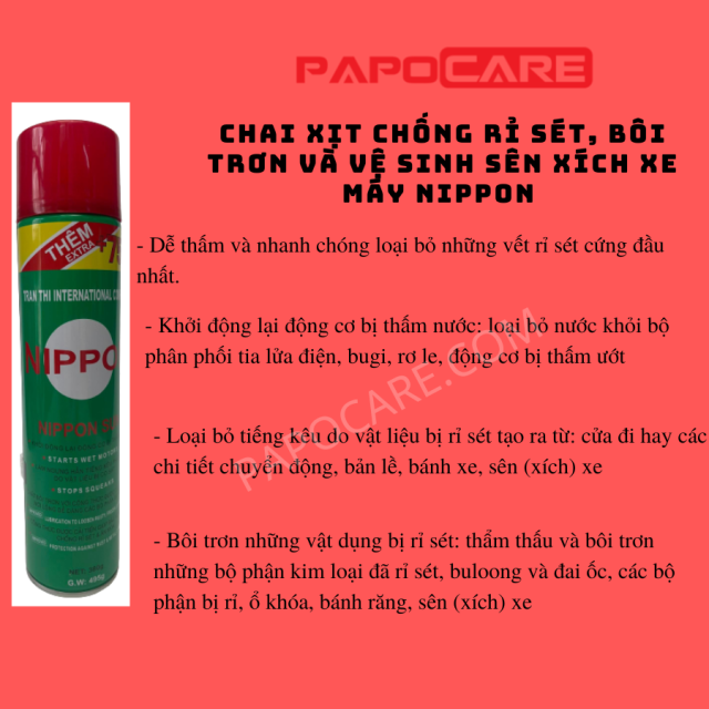 Chai Xịt Chống Rỉ Sét, Bôi Trơn Và Vệ Sinh Sên Xích Xe Máy NIPPON - PAPOCARE