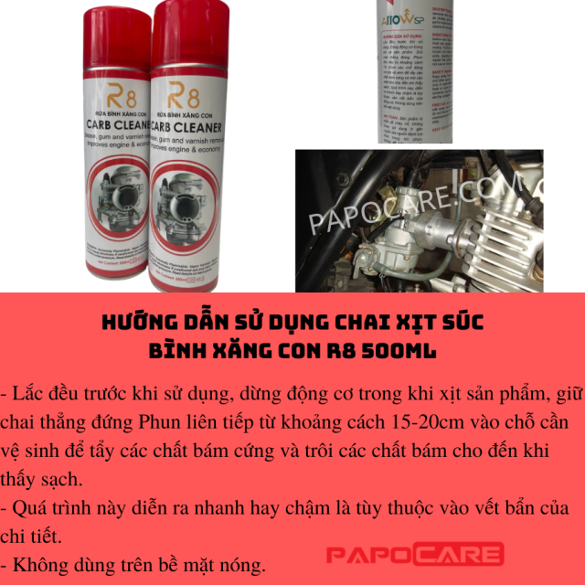 Chai Xịt Súc Bình Xăng Con, Vệ Sinh Họng Ga, Kim Phun, Nước Rửa Bộ Chế Hòa Khí Siêu Sạch R8 500ML Chính Hãng – PAPOCARE
